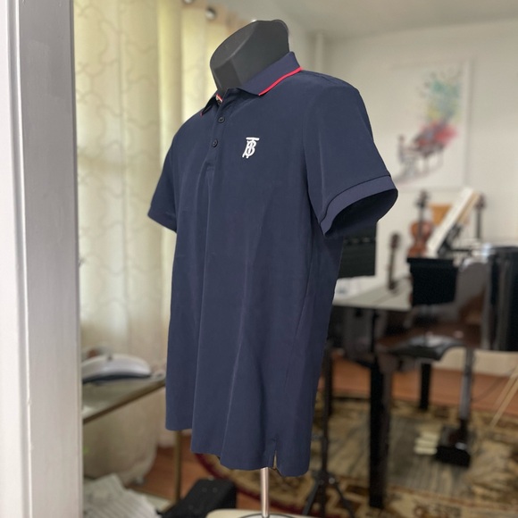 Like New Men’s Size Large Burberry Icon Stripes Walton Polo Shirt In Dark Navy - Picture 8 of 15